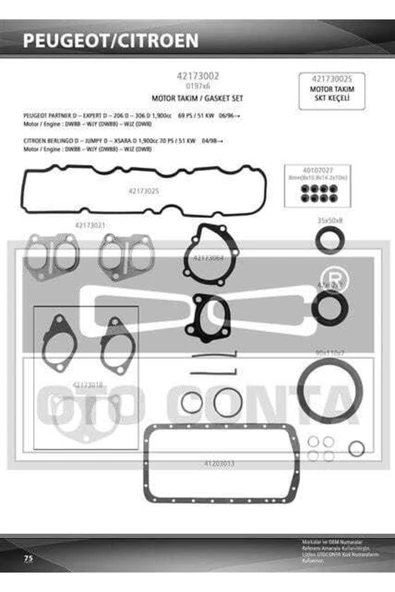 Otoconta 42173002  Motor Takım Conta 407 Partner / Berlingo 1.9d Dw8 Viton Keçelı Silindir Kapaksız ürün görseli 1