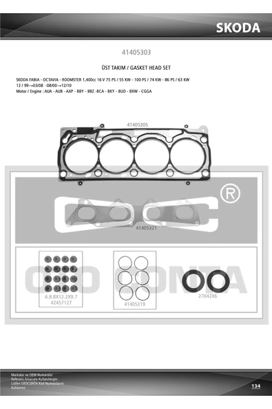 Otoconta 41405303  Motor Takım Conta Üst Silindir Kapak Contalı Keçelı Caddy Golf Polo Fabia Octavia ürün görseli