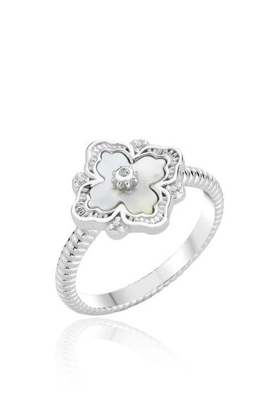 Gümüş rodyumlu sedef ve zirkon taşlı ay ışığı yonca yüzük SGTL12862 ürün görseli 1