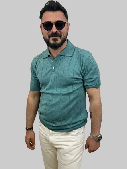 Erkek Dalga Çizgili Slim Fit Polo Yaka Mint Yeşili Triko Tişört