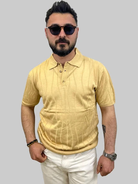 Erkek Dalga Çizgili Slim Fit Polo Yaka Sarı Triko Tişört