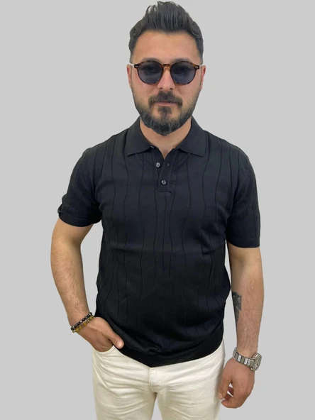 Erkek Dalga Çizgili Slim Fit Polo Yaka Siyah Triko Tişört