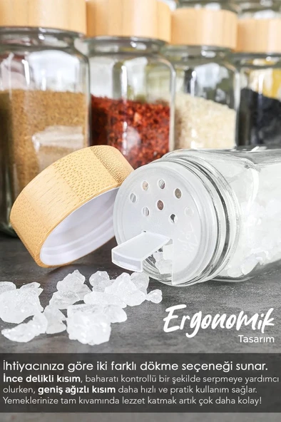 12’li Bambu Kapaklı Kare Formlu Cam Baharatlık Seti 120ml 16 Adet Etiket Hediye - 3