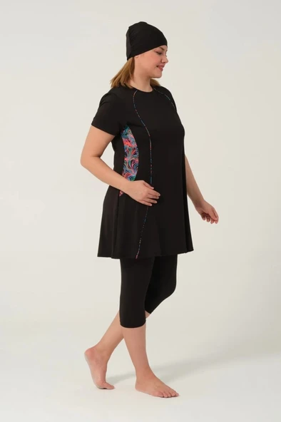 Tesmay 2523 Battal Siyah Lycralı Yarı Kapalı Havuz Mayo