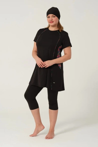 Tesmay 2523 Battal Siyah Lycralı Yarı Kapalı Havuz Mayo - 7