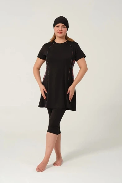 Tesmay 2523 Battal Siyah Lycralı Yarı Kapalı Havuz Mayo - 4