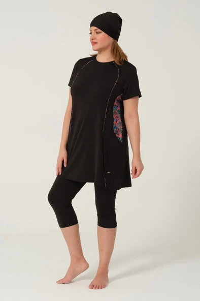 Tesmay 2523 Battal Siyah Lycralı Yarı Kapalı Havuz Mayo - 5