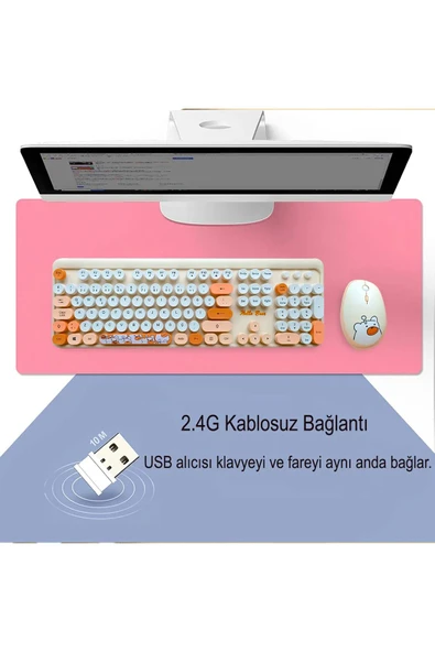 Sevimli Ayıcık Desenli Kablosuz Klavye & Mouse Set - Türkçe, Renkli ve  Yuvarlak Tuşlar ! - 2