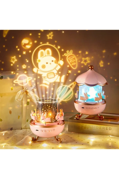 Bilişim Burada Tavşan Projeksiyon Lamba 12 Film USB BT Hoparlör Yıldız Gece Lambası