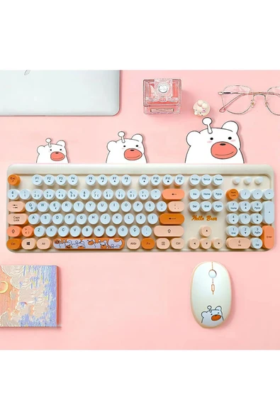 Sevimli Ayıcık Desenli Kablosuz Klavye & Mouse Set - Türkçe, Renkli ve  Yuvarlak Tuşlar !