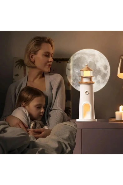 Ay Projeksiyon Gece Lambası Hareket Sensörlü & Bluetooth Müzik Zamanlayıcı Deniz Feneri Işığı - 2