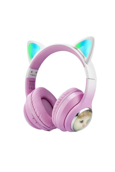 Bilişim Burada Peluş Kedi Tasarımlı Işıklı Kablosuz Kulak Üstü Kulaklık (Android & iOS Uyumlu)