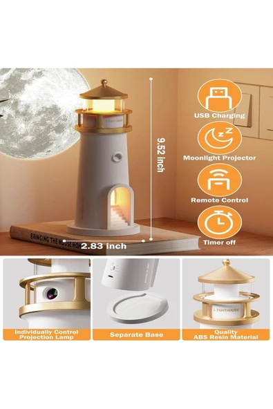 Ay Projeksiyon Gece Lambası Hareket Sensörlü & Bluetooth Müzik Zamanlayıcı Deniz Feneri Işığı