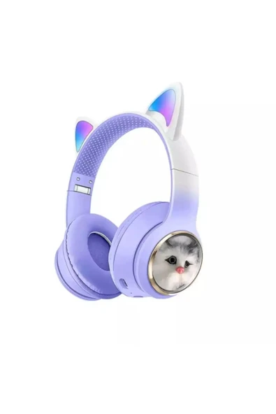 Bilişim Burada Peluş Kedi Tasarımlı Işıklı Kablosuz Kulak Üstü Kulaklık (Android & iOS Uyumlu)