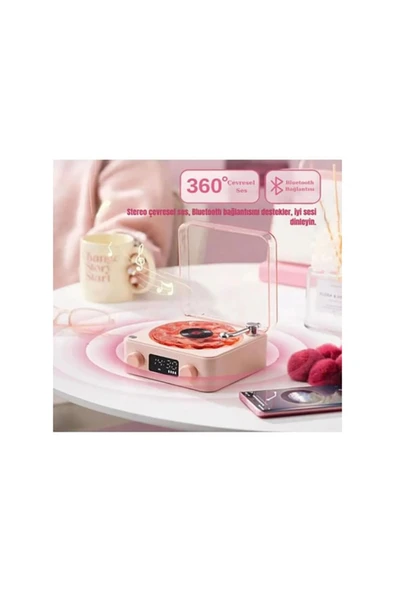 Waves Nostalji Plak Görünümlü Bluetooth Hoparlör 3D Ses Dalgası Retro Müzik Plak Gece Lambası - 3