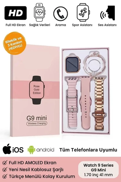 Ns Store G9 Mini Rose Gold Bileklik Hediyeli Amoled Ekran 41mm Kadın Akıllı Saat