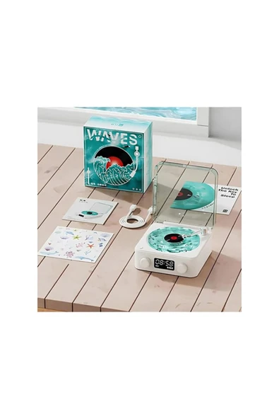 Waves Nostalji Plak Görünümlü Bluetooth Hoparlör 3D Ses Dalgası Retro Müzik Plak Gece Lambası - 2