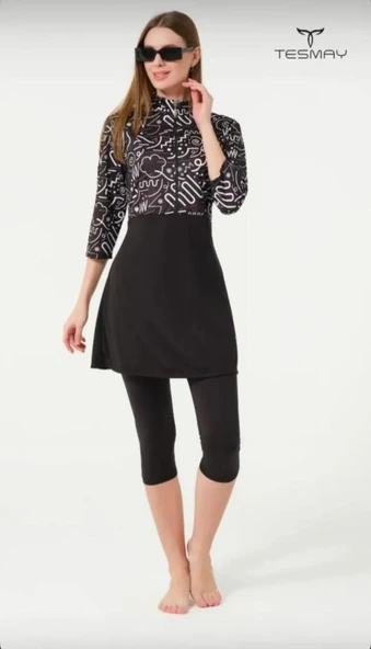 Tesmay 2311 Siyah Diresk Kol Fermar Detaylı Yarı Kapalı  Tesettür Mayo ürün görseli