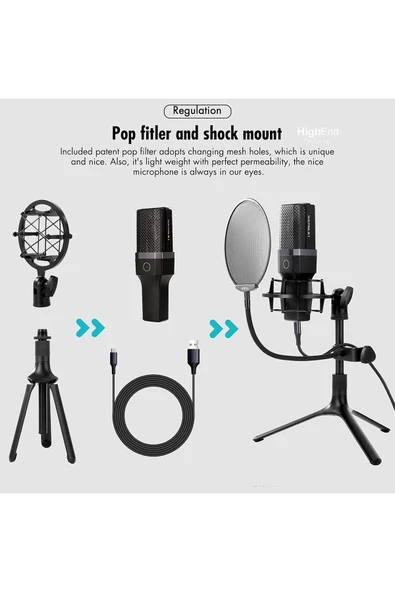 Yanmai Micpro X1 USB Mikrofon Tripod+Pop Filtre+Şok Askı Yayın Kayıt YouTube - 5