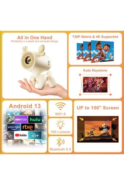 JY320 Mini Projektör 1280x720, BT5.0, Android 13, 1080P destekli, taşınabilir sinema keyfi. - 2