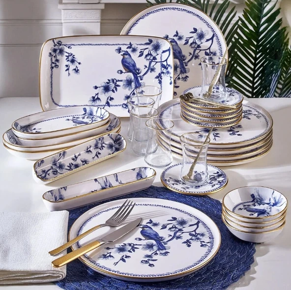 Fecra Blue Bird 35 Parça Gold Fileli Kahvaltı Seti