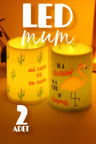 2li Led Mum Kaktüs Flamingo Bardak Tipi Pilli Dumansız Alevli Dekoratif Yapay Mum Dekor Lambası - 2
