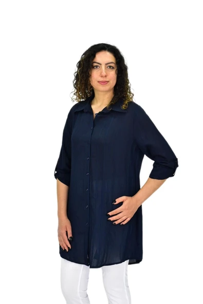 Kadın Lacivert Uzun Kol Gömlek BGL-ST04661 - Resim 3