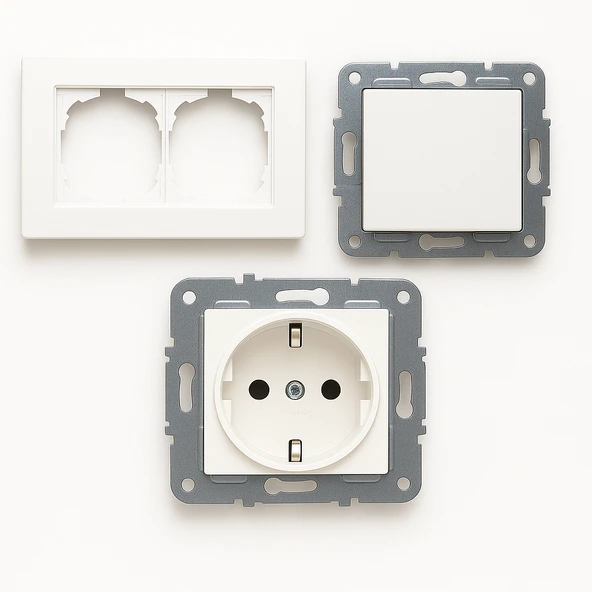 Karen Serisi Beyaz Tuşlu Anahtar ve Topraklı Priz Seti 2'li Çerçeveyle Uyumlu - 2