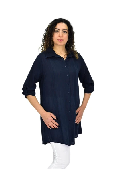 Kadın Lacivert Uzun Kol Gömlek BGL-ST04661 - Resim 4