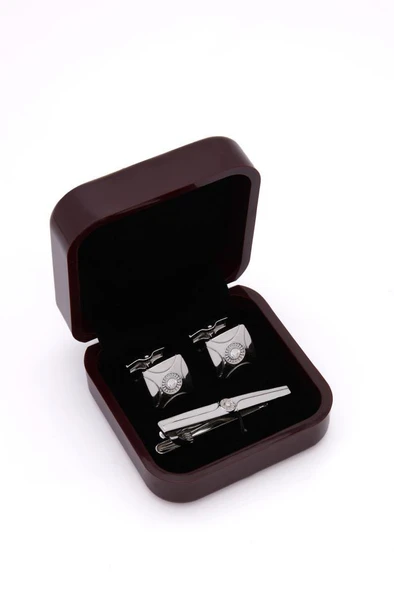 Brianze Premium Kutulu Gri Özel Tasarım Kol Düğmesi ve Kravat İğnesi Set