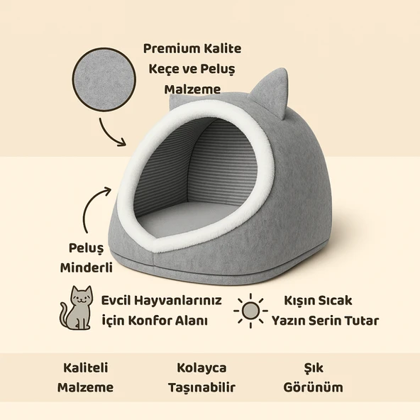 Kedi Evi Köpek Evi Evcil Hayvan Yatağı 40x35x34 Cm Katlanabilir Keçe Yuva Gri - 2
