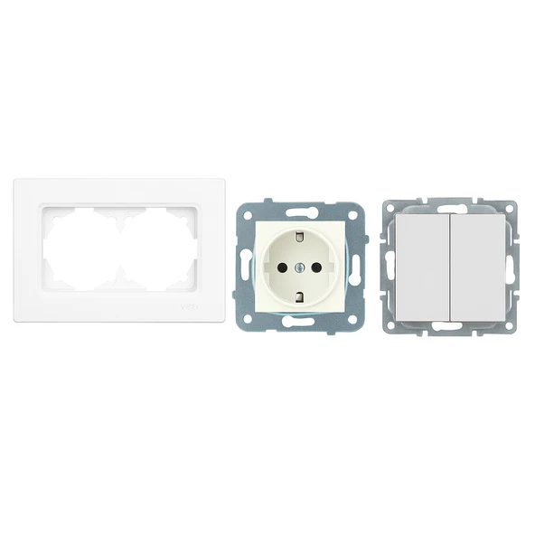 Karen Serisi 2’li Anahtar & Priz Seti Beyaz Renk Topraklı Priz + Çift Komütatör + 2’li Çerçeve - 2