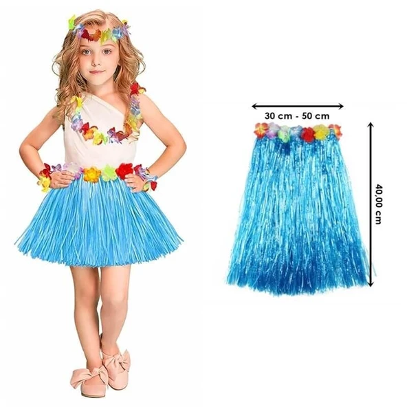Yetişkin ve Çocuk Uyumlu Mavi Renk Püsküllü Hawaii Luau Hula Etek 40 cm - 1