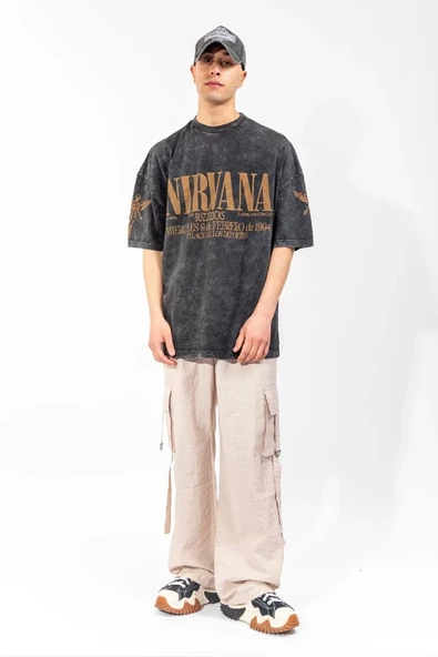Sekizbiraltı Yıkamalı Nirvana Sırt Baskılı Unisex Oversize Tshirt - 2