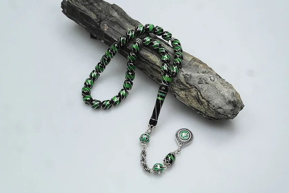 Oltu Taşı ve Galalith Çeşmi Bülbül İşlemeli Tespih - Resim 3