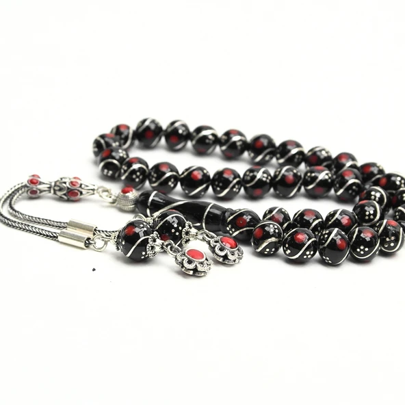 Oltu Taşı Üçlü Çeşmi Bülbül Kırmızı İşlemeli Tespih ürün görseli 1