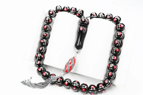 Oltu Sıkması Basık Model  Alpaka Karpuz Mercan İşlemeli Tespih - Resim 2