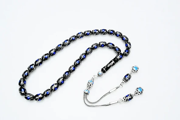 Oltu Taşı Üçlü Çeşmi Mavi İşleme Kapsül Tespih - Resim 2