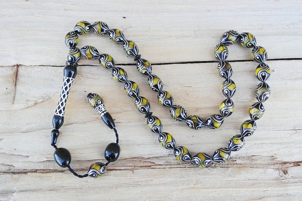 Oltu Taşı ve Sarı Galalith Çeşmi Damla İşleme Tespih  - Resim 3