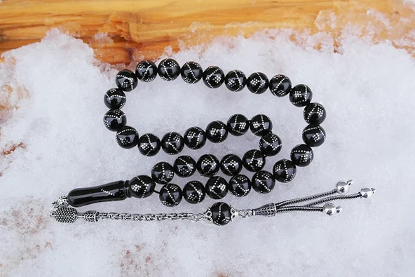 Oltu Taşı Küre  Model Tek  Zikzak Dokuzlu Baklava İşlemeli Tespih - Resim 3