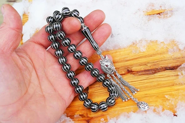 Oltu Taşı Basık  Model On İkili Karpuz Dilimi İşlemeli Tespih - Resim 3