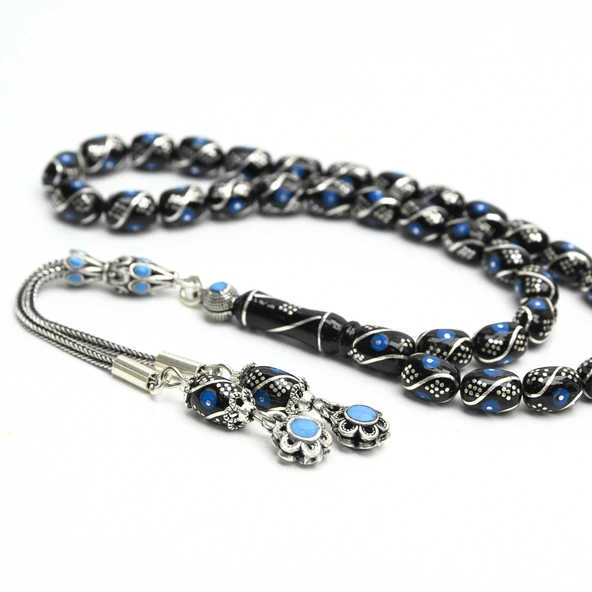 Oltu Taşı Üçlü Çeşmi Mavi İşleme Kapsül Tespih ürün görseli 1