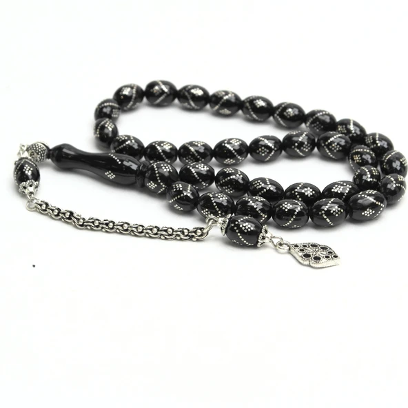 Oltu Taşı Beyzi Model Tek Zikzak Baklava İşlemeli Tespih ürün görseli 1