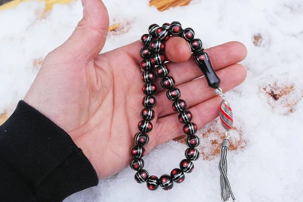 Oltu Sıkması Basık Model  Alpaka Karpuz Mercan İşlemeli Tespih - Resim 3