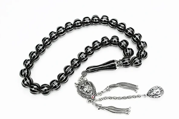 Oltu Taşı Basık  Model On İkili Karpuz Dilimi İşlemeli Tespih ürün görseli 1