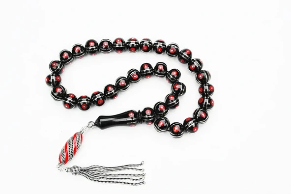 Oltu Sıkması Basık Model  Alpaka Karpuz Mercan İşlemeli Tespih ürün görseli 1