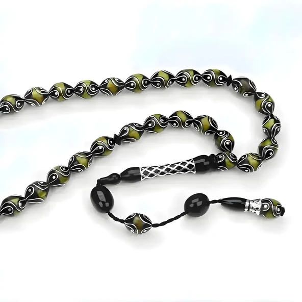 Oltu Taşı ve Sarı Galalith Çeşmi Damla İşleme Tespih  ürün görseli 1