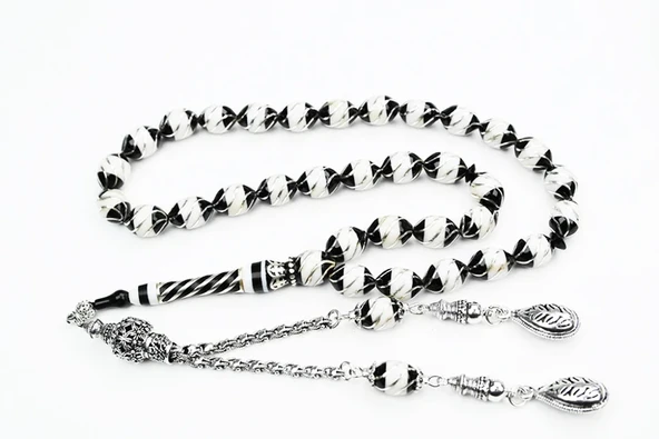 Oltu Taşı Beyzi Model  İşlemeli Altılı Çeşmi Bülbül  Beyaz Galalith Tespih ürün görseli 1