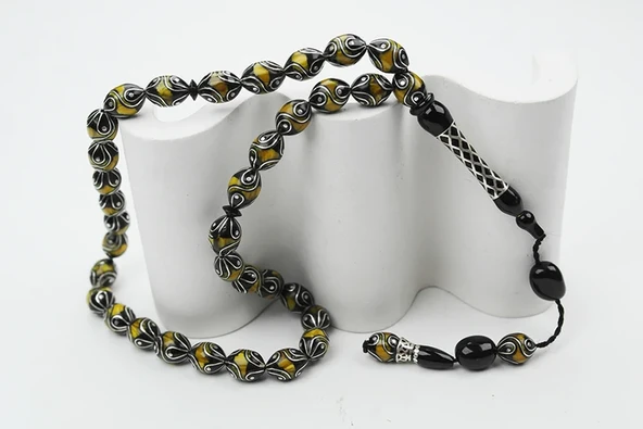 Oltu Taşı ve Sarı Galalith Çeşmi Damla İşleme Tespih  - Resim 5