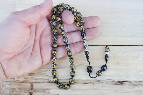 Oltu Taşı ve Sarı Galalith Çeşmi Damla İşleme Tespih  - Resim 4